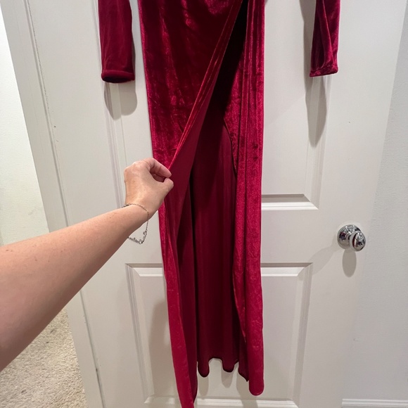 vintage red burgundy maxi dress velvet long sleeve deep v front slit wrap formal - Picture 3 of 10